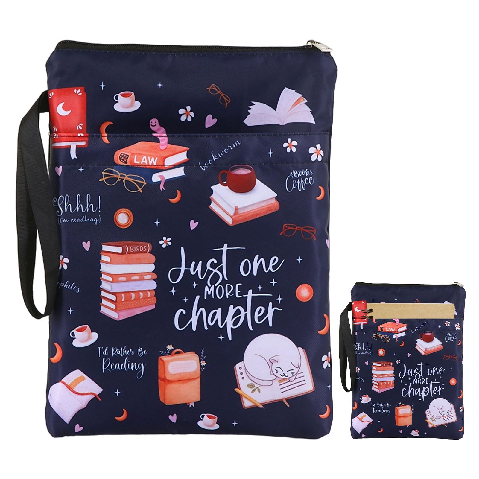 Waterproof Book Sleeve,Just One More Chapter Book Cover with Zipper and Front Pocket Washable Books Protector for Readers Lovers Gifts Books Accessories for Paperbacks Hardcover