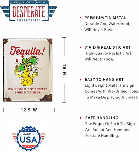 Miniatura 2 de Desperate Enterprises Tequila - Letrero de lata opcional para pantalones decoración nostálgica de metal vintage fabricado en Estados Unidos