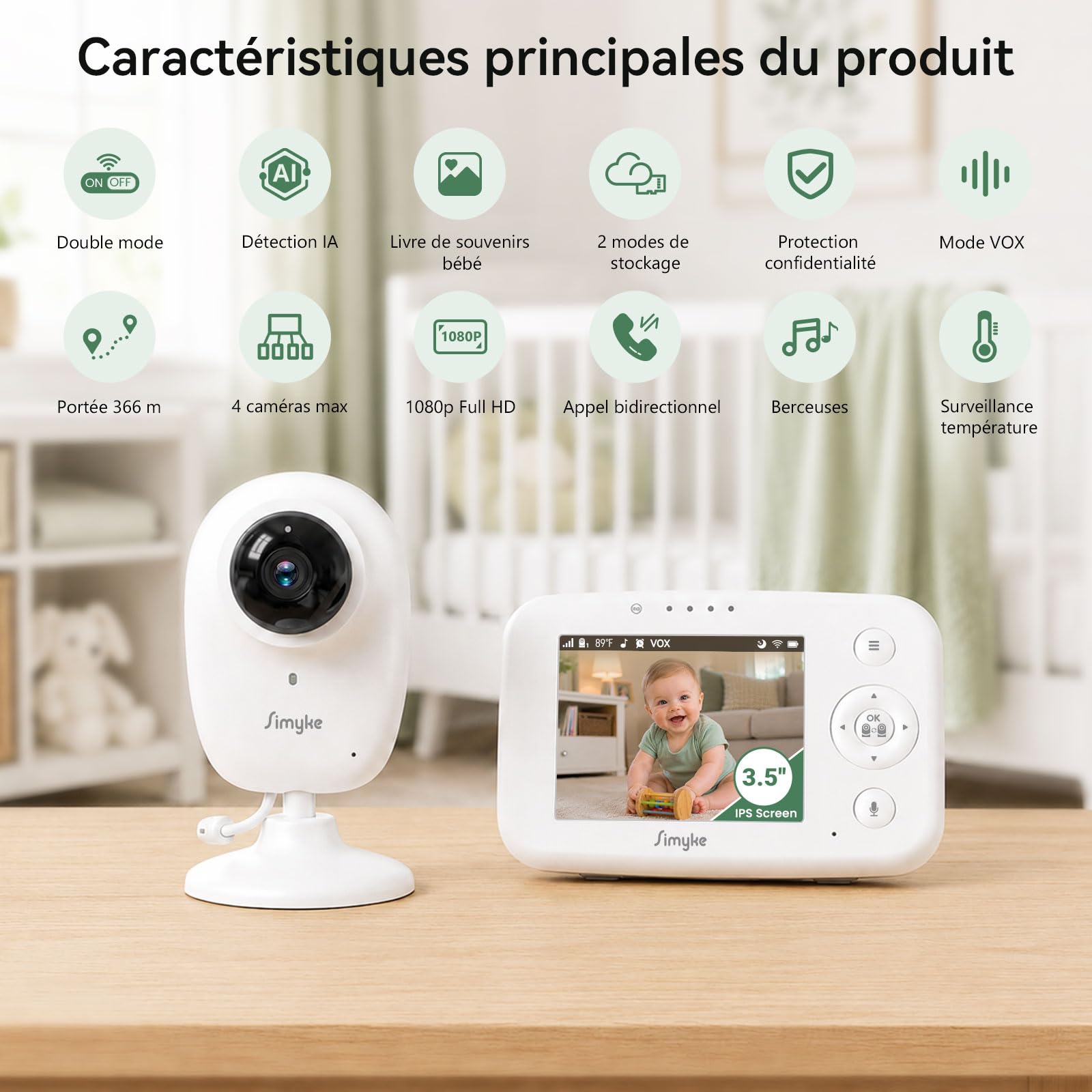 Simyke Babyphone Caméra Bébé Écran 3,5" & Caméra 1080P HD, Connexion WiFi Smartphone & Liaison Hors WiFi, Vision Nocturne, Zoom, VOX 20h Autonomie, Détection Intelligente, Stockage Local & Cloud