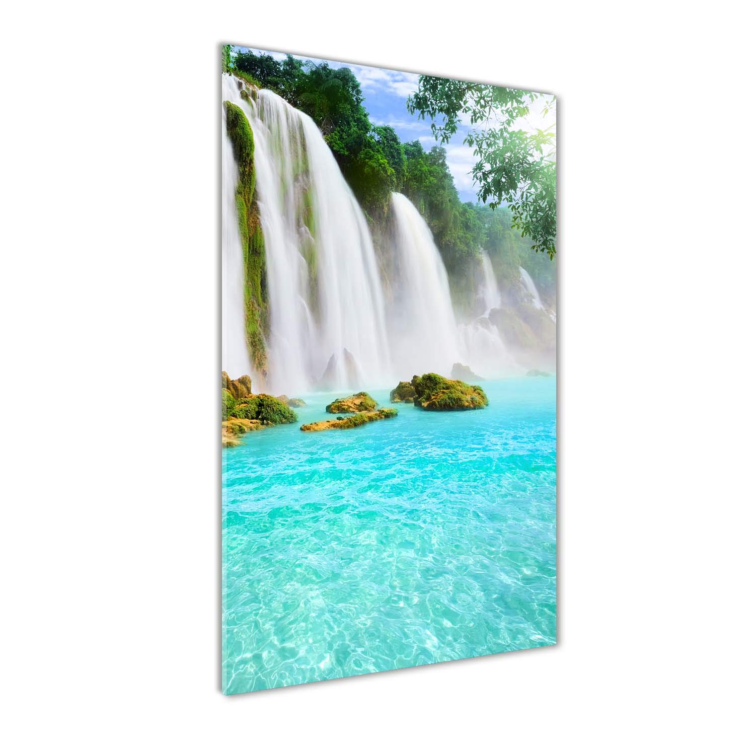Image sur verre acrylique pour salon zen | Déco murale de cascade verte au format 50x100 cm