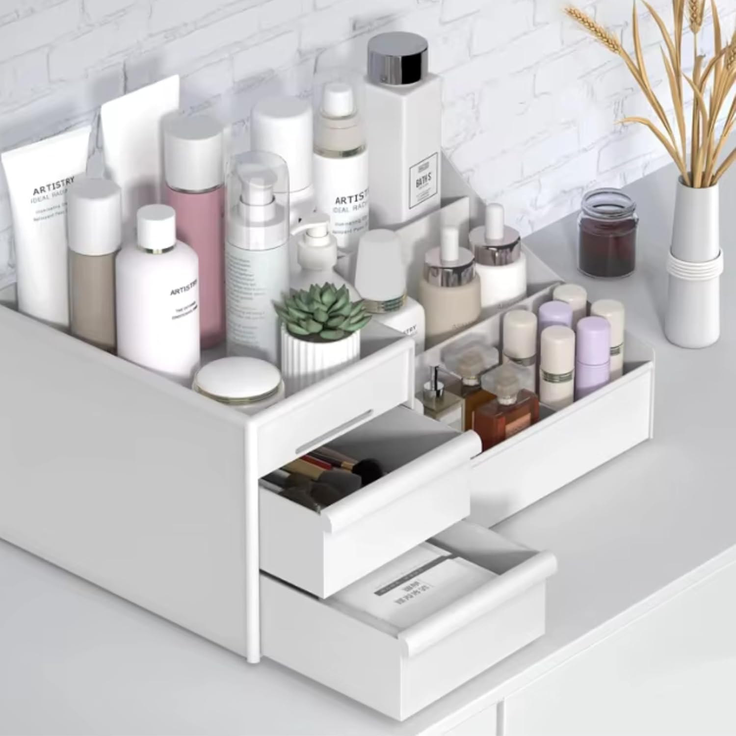 Organizador de Maquiagem e Joias, Porta Canetas com 2 Gavetas e Divisórias Fixas – Multiuso para Cosméticos, Batons, Pincéis e Acessórios de Mesa, Escritório e Bancada