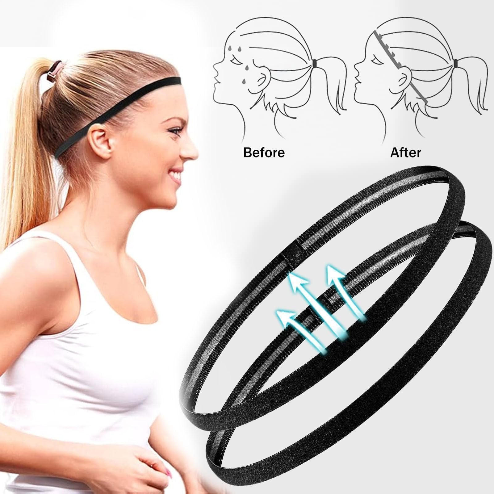 9 Piezas Diadema Deportiva Elásticas Antideslizante, Cinta Pelo Deporte, Hombre Mujer Deporte Diadema para Yoga/Fitness/Correr/Ciclismo (Negro)