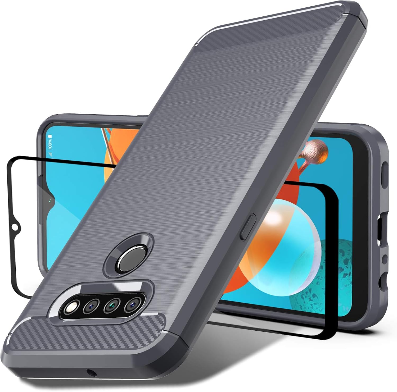 Dretal Compatible for LG K51 Case, LG Reflect Case with Tempered Glass Screen Protector, Shock-Absorption Slim Fit Flexible TPU Case Brushed Texture Soft Rubber Protective Cover (Gray)