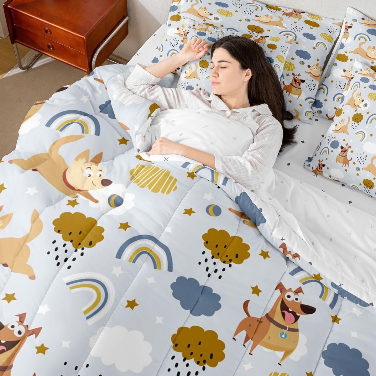 Feelyou Dog Bedding Set for Girls Boys Kids Full Size Rainbow Print Bedding Set Cute Pet Dog Pattern 7 Pieces Kawaii Blue Bed in a Bag,Comforter + Sheets + Pillowcases + Cushion Covers