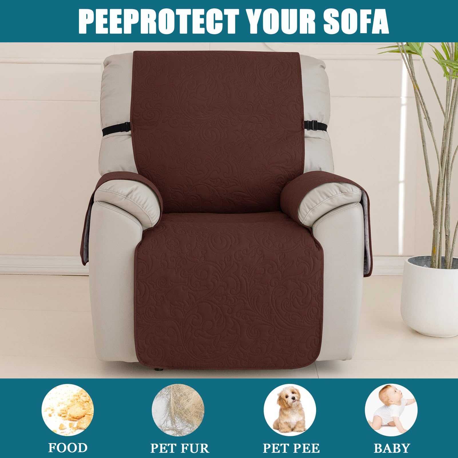 Copripoltrona Reclinabile Impermeabile, Antiscivolo Relax Copripoltrona 1 Posti Con 6 Tasche, Lavabile Antigraffio Copridivano Reclinabile Per Cani Bambini (Marrone Scuro)