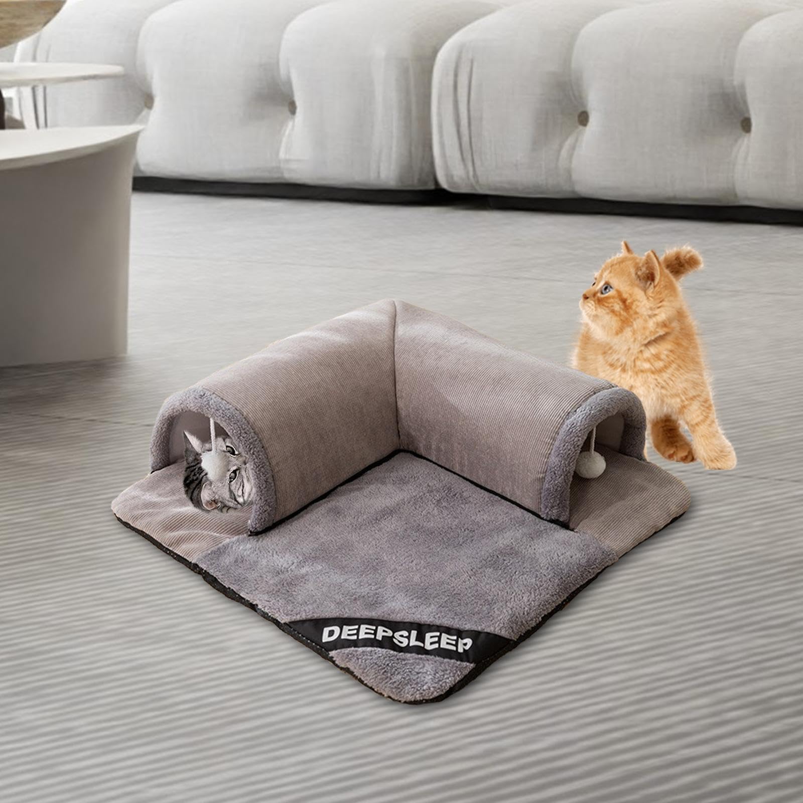 F Fityle Lit Tunnel pour Chat, Centre de Jeu d'Entraînement, Tunnel avec Boules Suspendues Interactives pour Chat, Chaton, Gris
