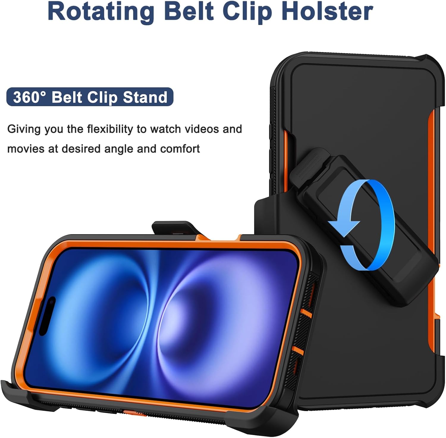 RubCase for iPhone 16 Plus Phone Case,Military Grade Drop Protection Cell Phone Cover with Belt Clip Holster Stand,Screen Protector x2 Rugged Shockproof Kickstand for iPhone 16 Plus Case 6.7” (Orange) - Image 2