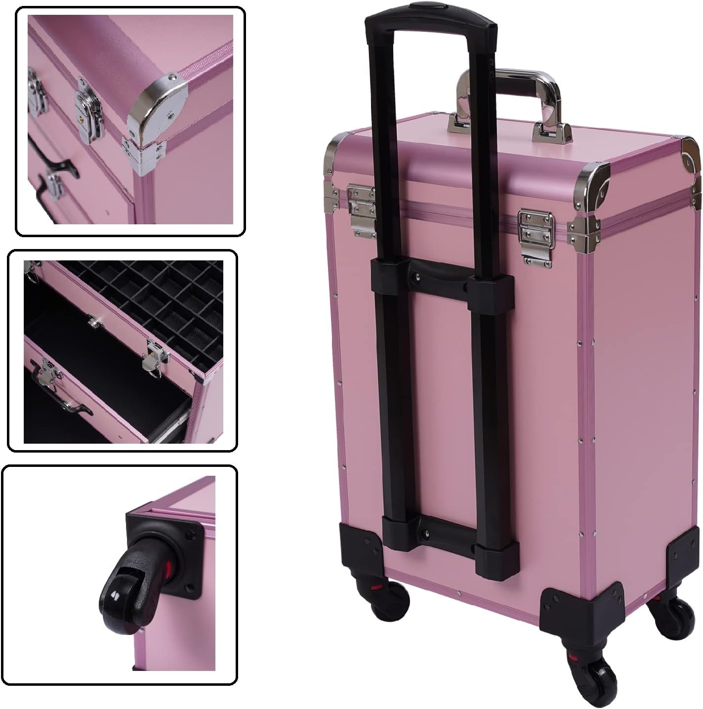 CNCEST Rolling Makeup Train Case,Rolling Makeup Cosmetic Case Trolley Case Nail Polish Organizer for Studio or Travelling Nail Technician Artists Cosmetologist Stylist,with 4 Wheels(PinkB)