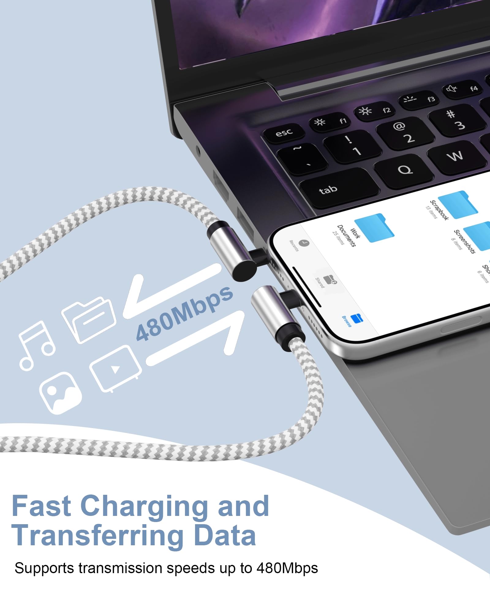 Cable USB C a USB C de 60 W, 2 unidades, 6 pies, cable de carga rápida tipo C a C para iPhone Air serie 17/16/15, cargador de teléfono lateral en ángulo recto para Samsung Galaxy Ultra S25/S24/S23
