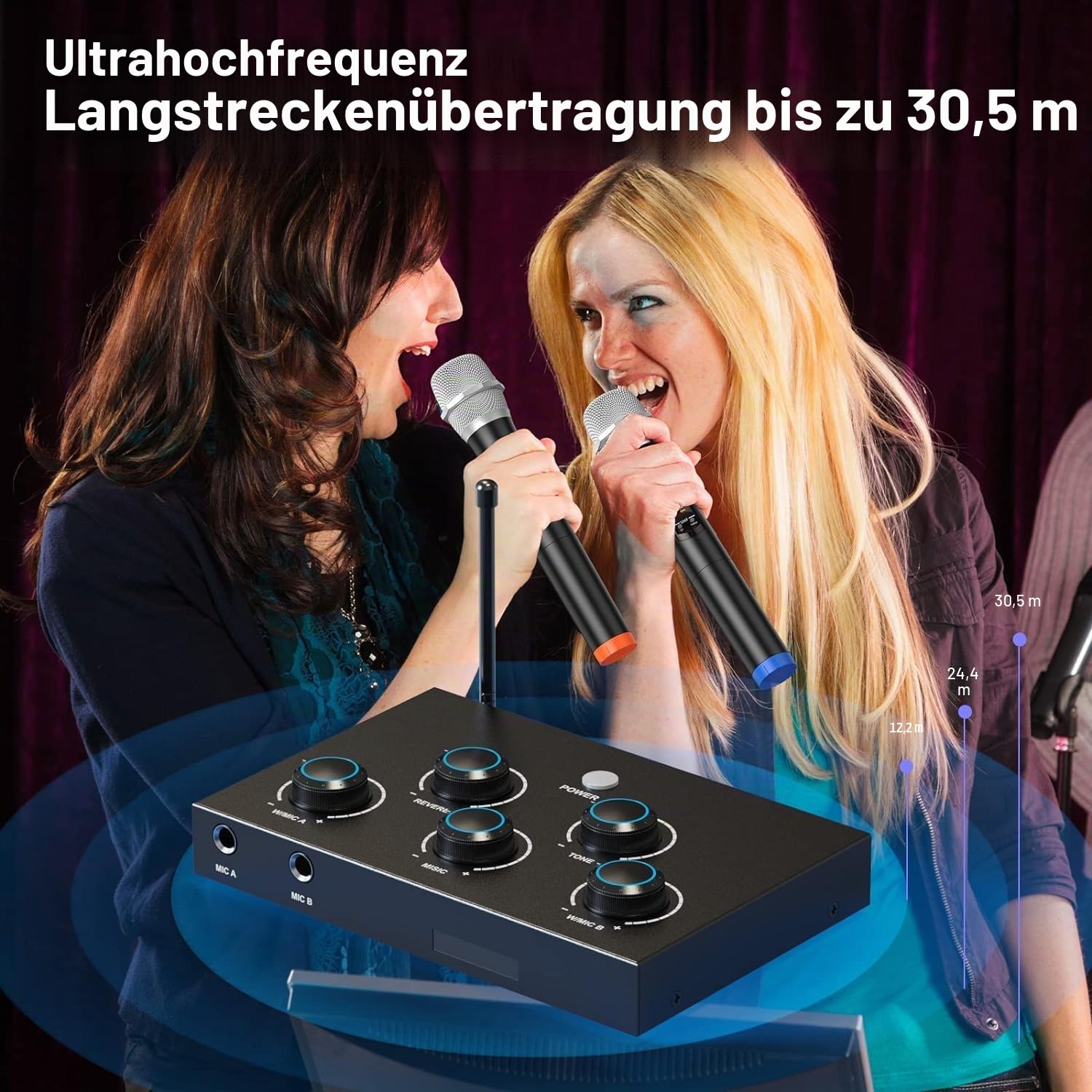 DIGITNOW! Kabelloses Karaoke-Mikrofon, Bluetooth, kabelloses UHF-Mikrofonsystem, doppelt, professionell, für Karaoke, TV, Party, DJ, Kirche, Hochzeit, Meeting, mit HDMI Arc, Aux, Optisch