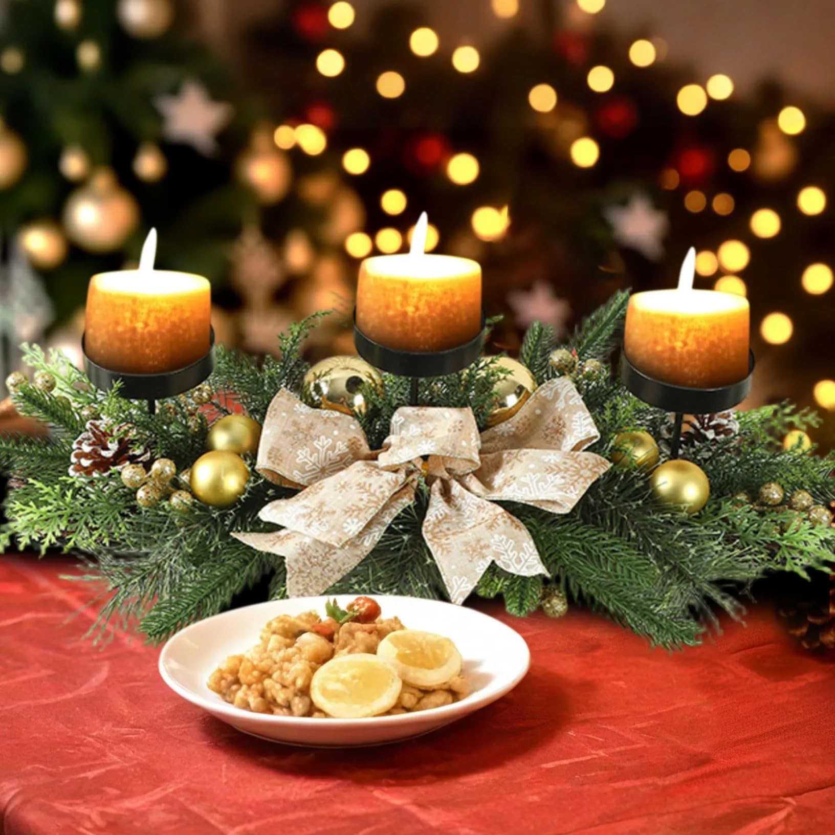 Candelabro navideño con 3 bandejas, centros de Mesa navideños con Lazo, Adornos, Bayas y Agujas de Pino para decoración navideña de Mesa de Fiesta