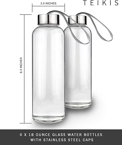 Miniatura 2 de Botellas de agua de vidrio transparente, paquete de 6, botellas de vidrio de 18 onzas con tapas a prueba de fugas, botellas de jugo de vidrio para