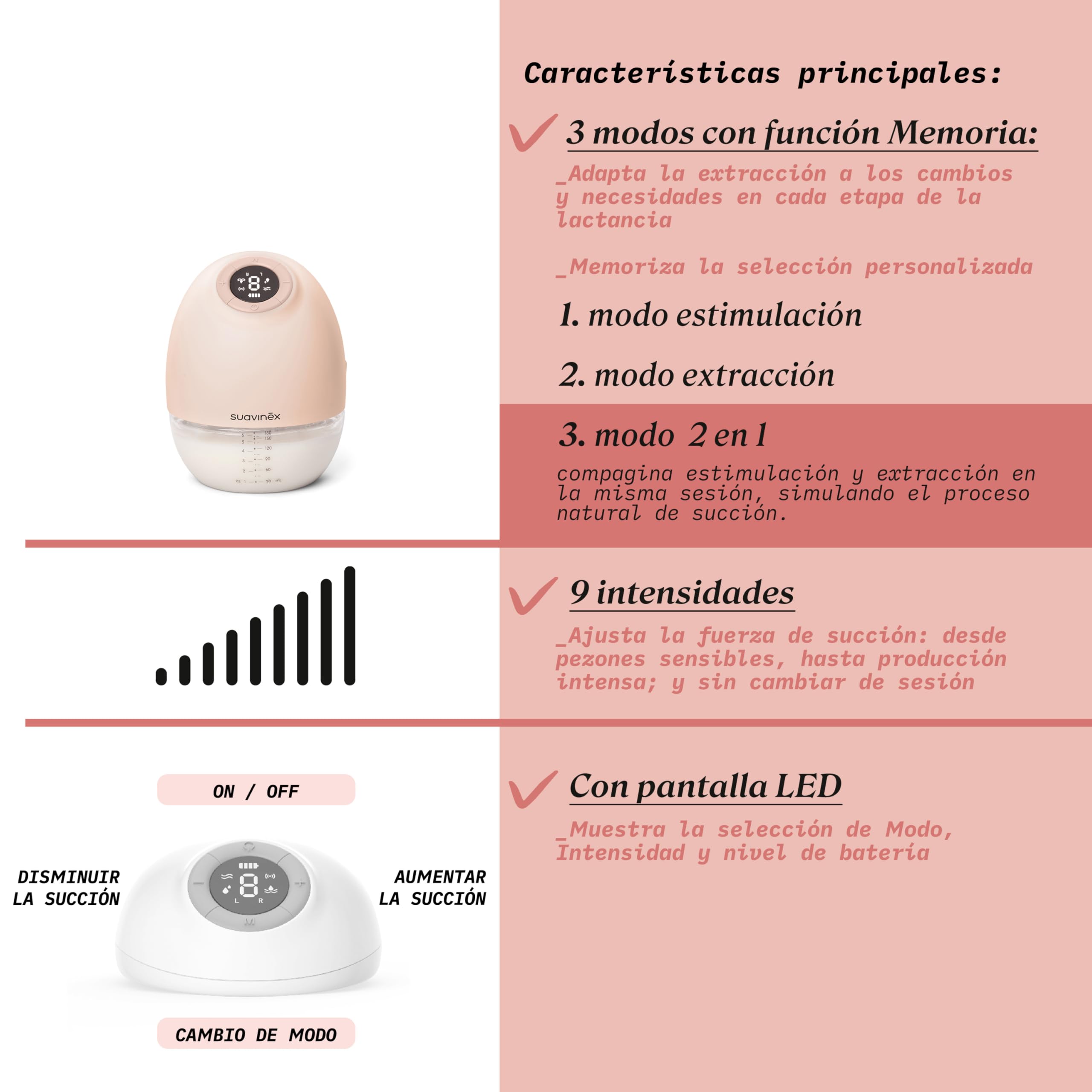 Suavinex, Extractor Leche Materna, Sacaleches Manos Libres, Sin Cables, Sin Tubos, con Batería, 3 Modos y 9 Intensidades de Succión, con Adaptadores, Estuche y Cepillo, Pantalla Led, Depósito 180 ml