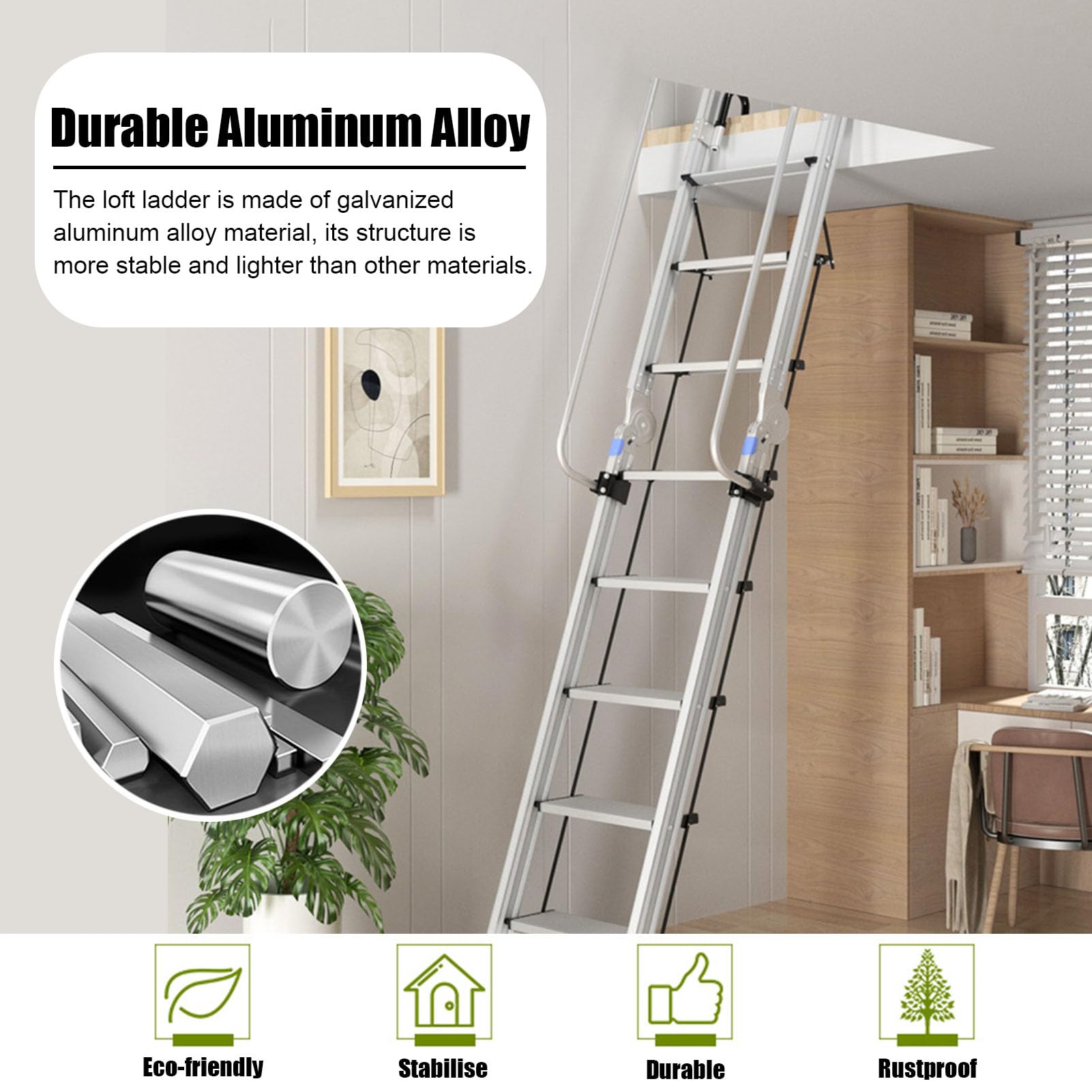 Escaleras para Áticos Escalera Portátil de Aluminio para Ático, Escalera de Escape Plegable para Interiores con Pasamanos y Base de Goma Antideslizante, Escalera Tipo Loft de Carga Alta para Sótano (