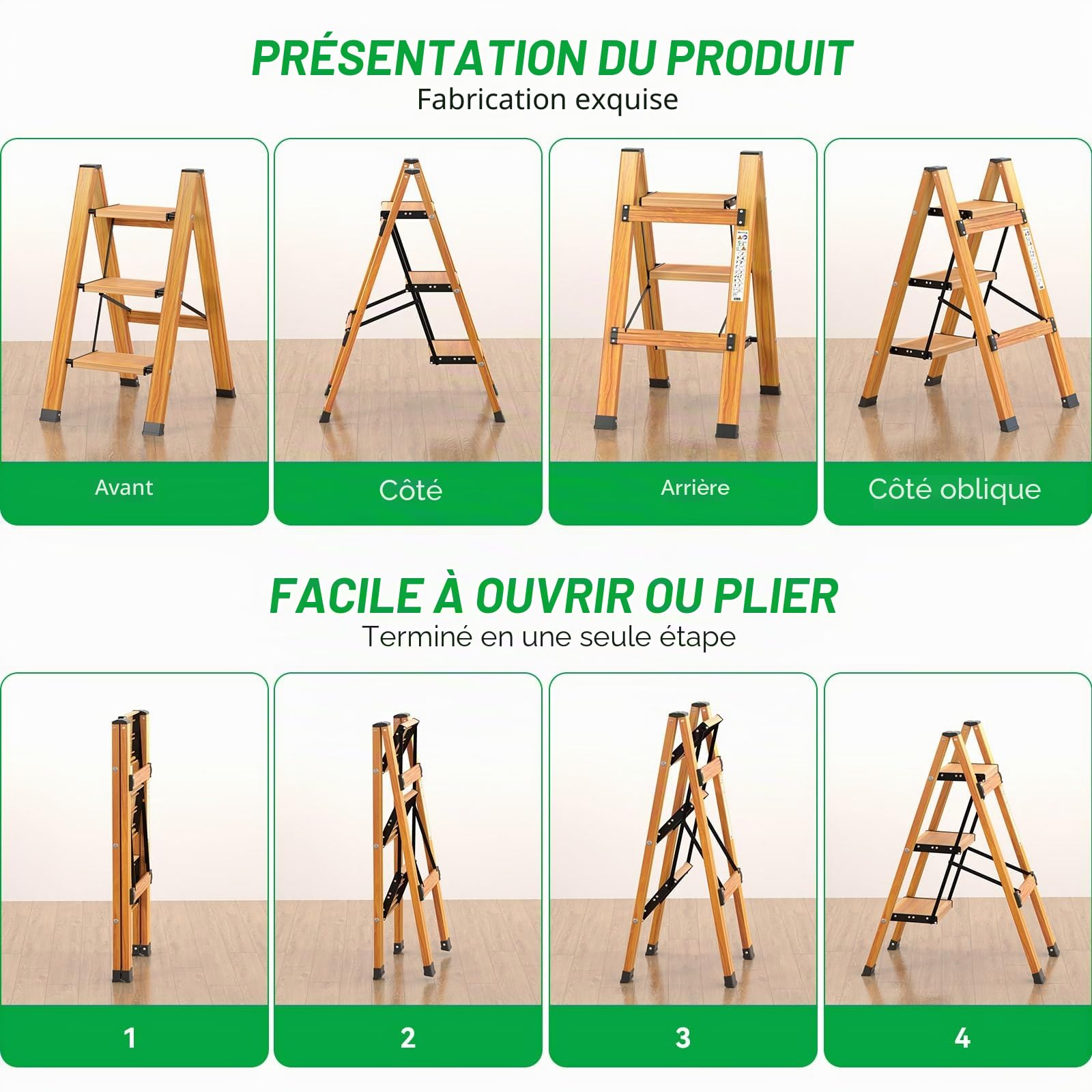 Échelle pliante à 3 marches en aluminium, portable, antidérapante, multifonction, avec design grain de bois, charge maximale : 150 kg, pour la maison, la cuisine, la salle de bain, le camping