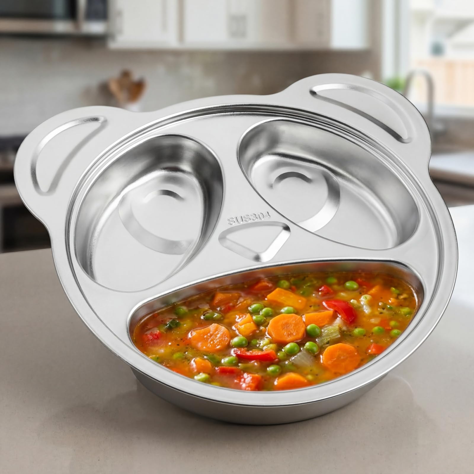 Lyellfe Juego de 4 platos divididos de acero inoxidable, 3 secciones irrompibles para niños, lindos platos divididos en forma de panda para almuerzo, control de porciones, camping