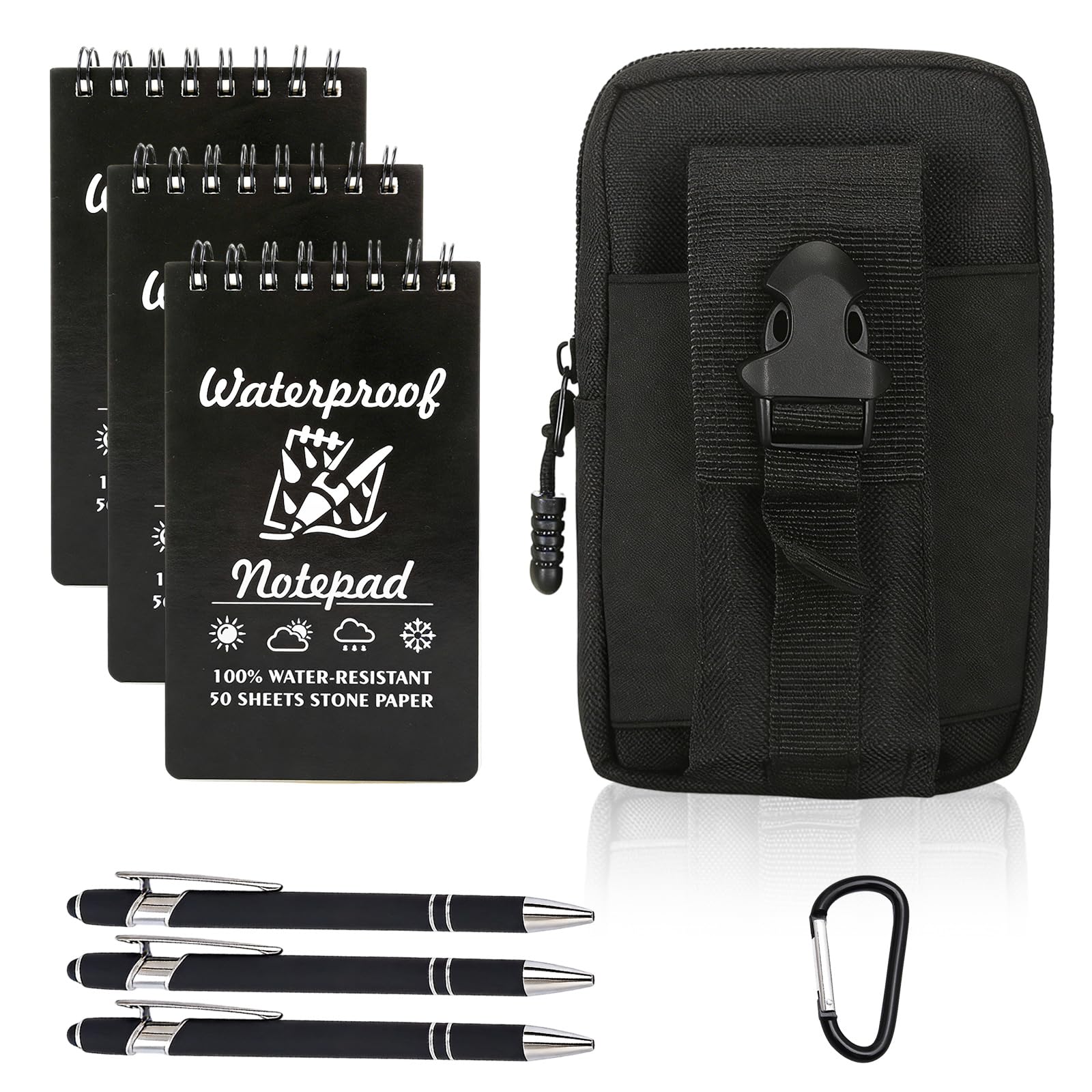 SIMDAO 8PCS Waterproof Notebook Set, 3X5 Inch Small Notebook and Pen, Multi-Functional Waist with Carabiner Hook, Tactical Steno Pads for Outdoor Camping Recording (Black) — image 1