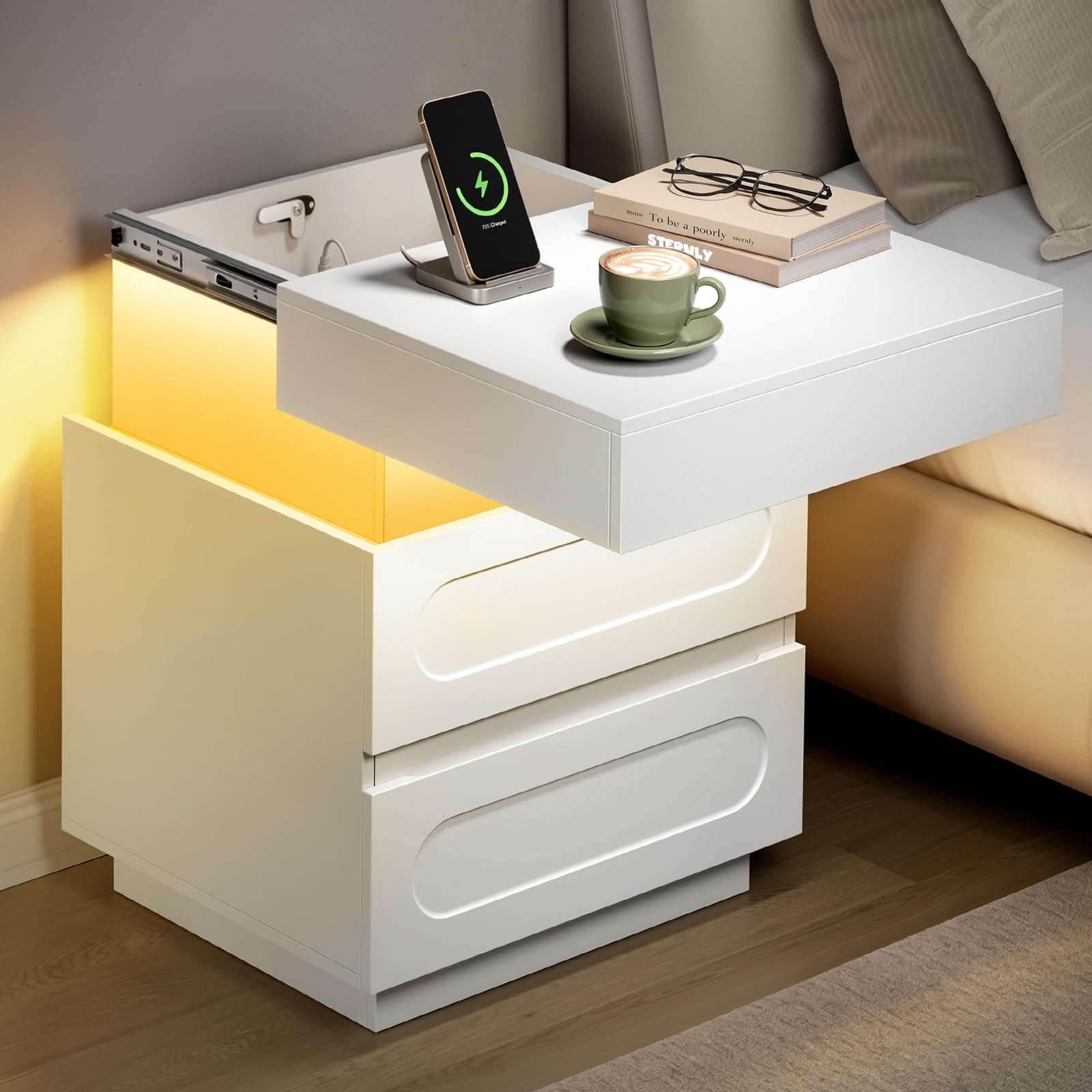 WOLTU Mesita de Noche con Luces LED y Estación de Carga, Mesilla Noche de 2 Cajones y 1 Espacio Oculto con Cerradura, Ajuste por Bluetooth/Control Remoto, 45x40x58 cm, Blanco