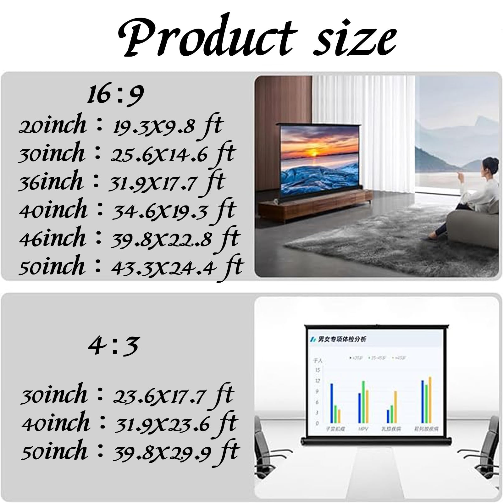 Schermo di proiezione 30/40/50 pollici Full HD 4K gigante, Schermo per Proiettore Avvolgibile Manuale, Facile da Arrotolare, Tela portatile per presentazione e proiettore home theater.(40in/16:9)