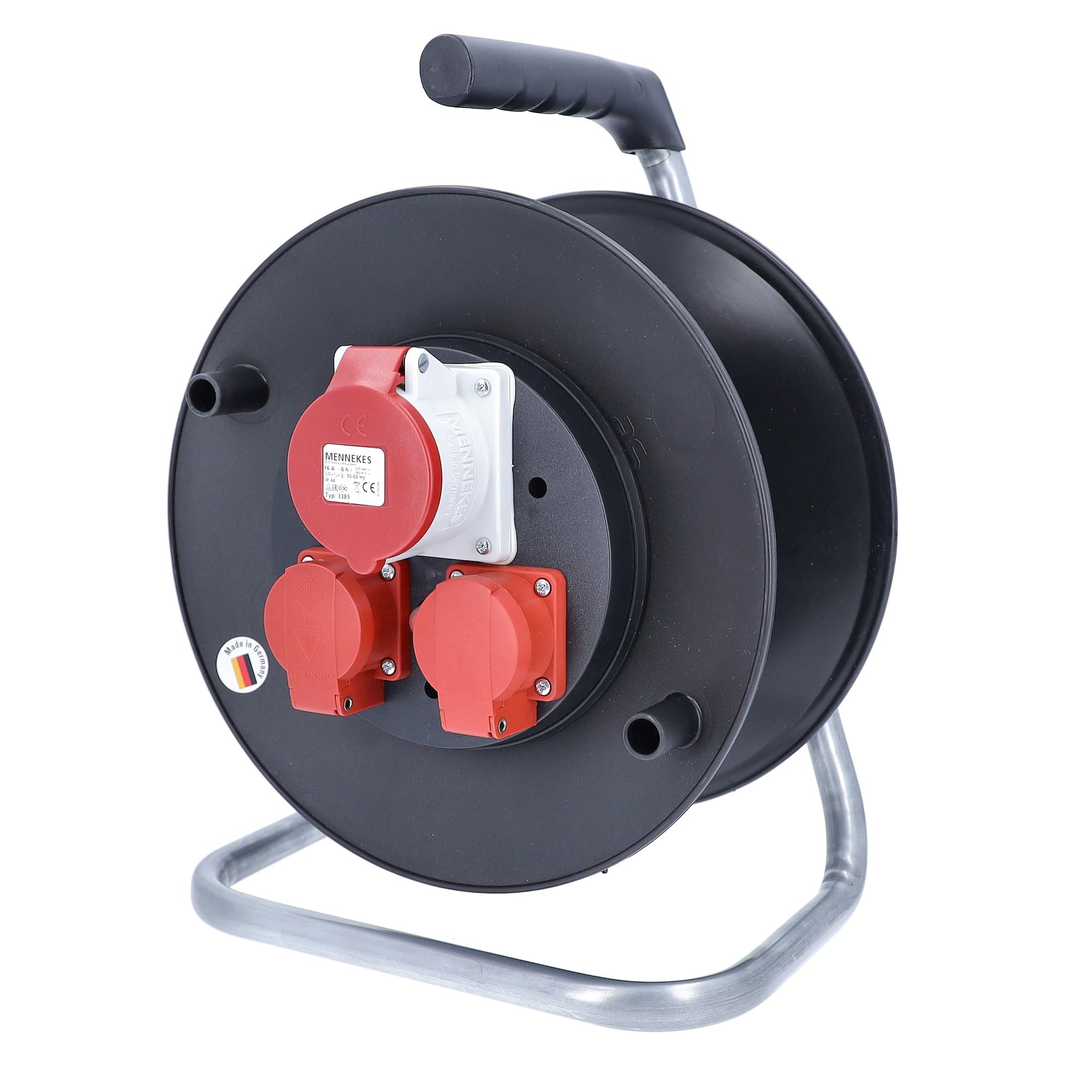 Enrollador de cable vacío as-Schwabe con interruptor térmico y tomas CEE trifásicas
