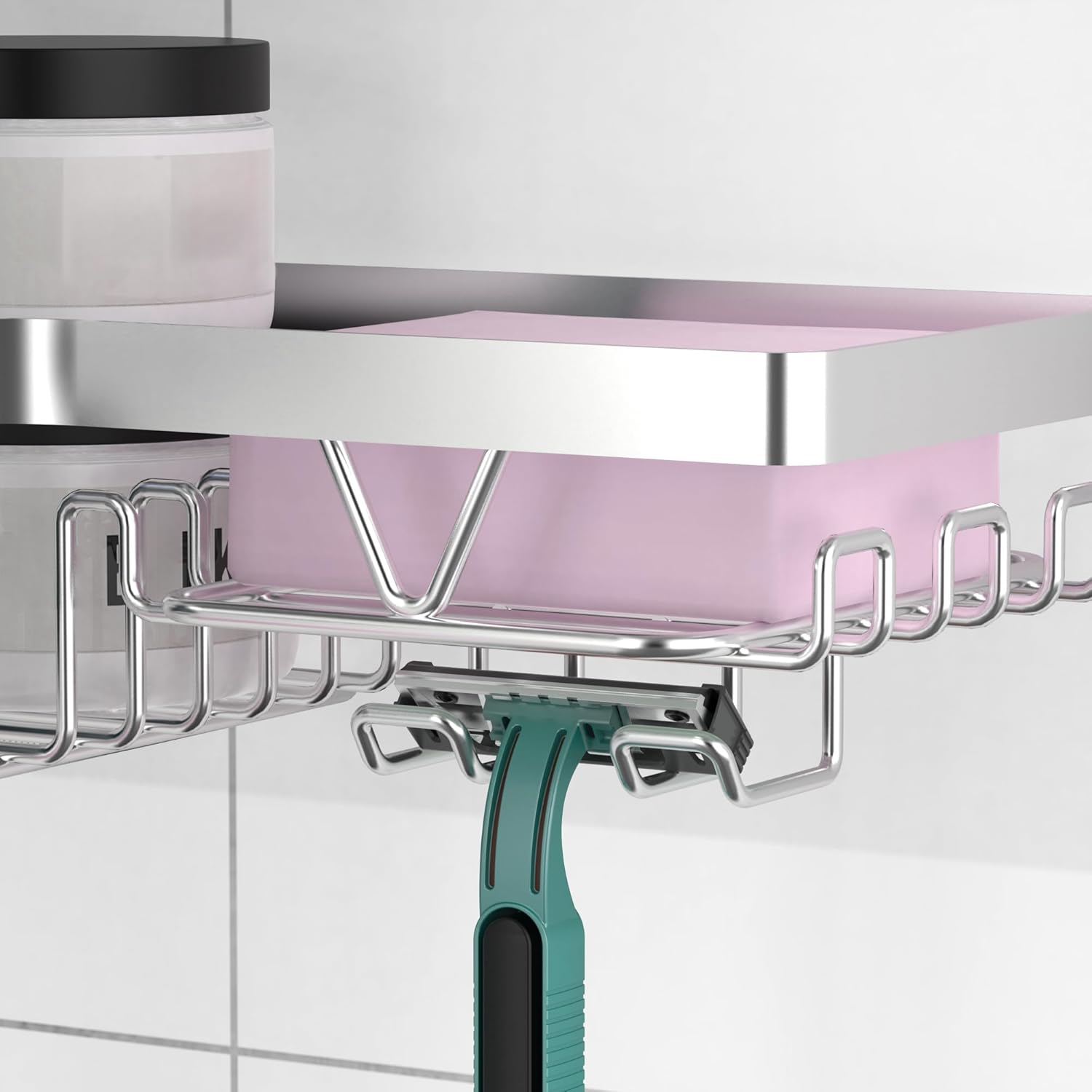 Condition photo showing New/Like New for KEGII Corner Adhesive Shower Caddy, Rustproof Shower Shelf with Soap Holder & 14 Hooks, No Drilling Bathroom Rack Storage, Stainless Steel Organizer for Bathroom Adhesive Caddy (Silver)