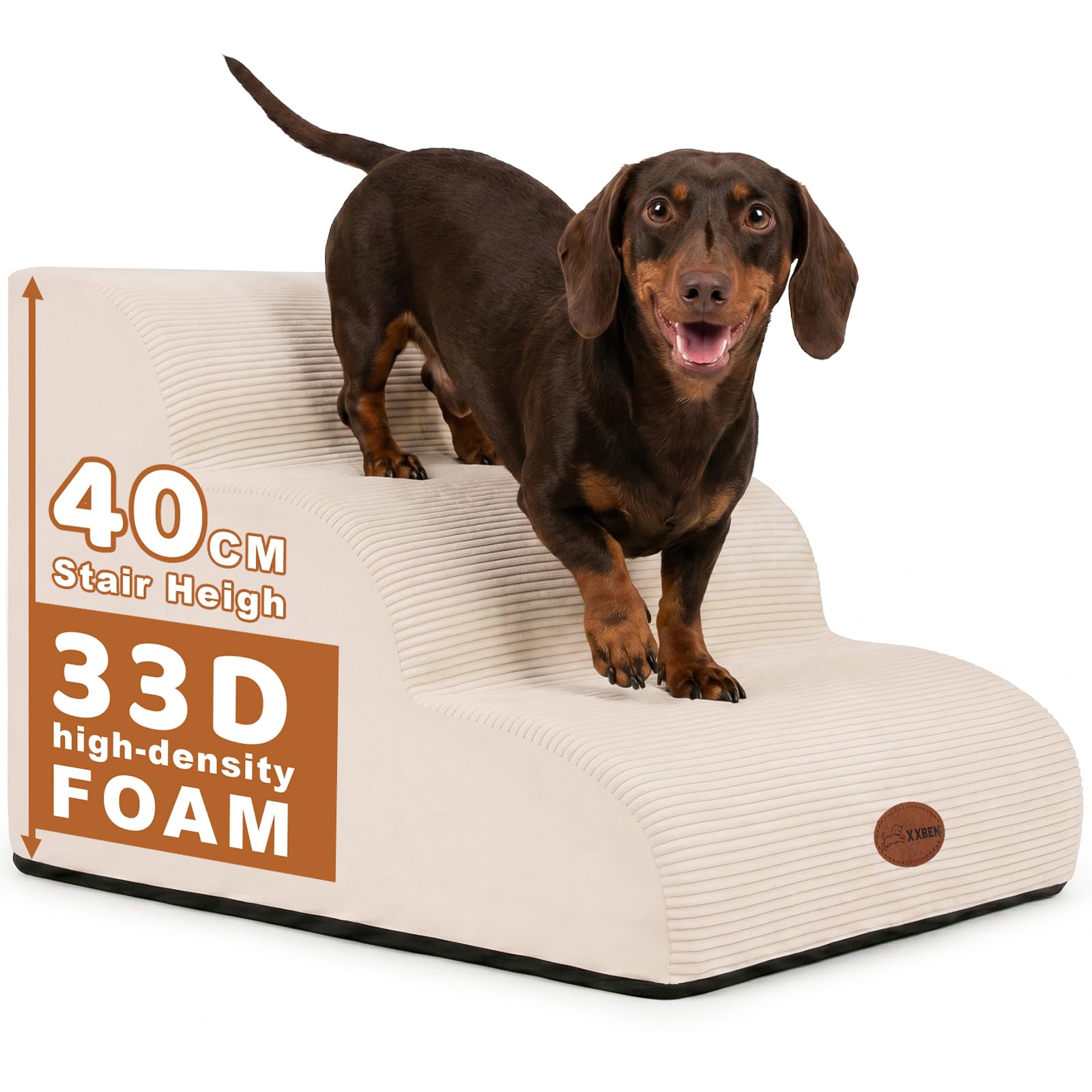 X XBEN 3-Step Dog Stairs for Bed & Sofa, 33D High-Density Foam Pet Stairs for Small, Senior and Injured Dogs & Cats, Durable Pet Steps with Gentle Slope, Anti-Slip, Removable Washable Cover, Handle