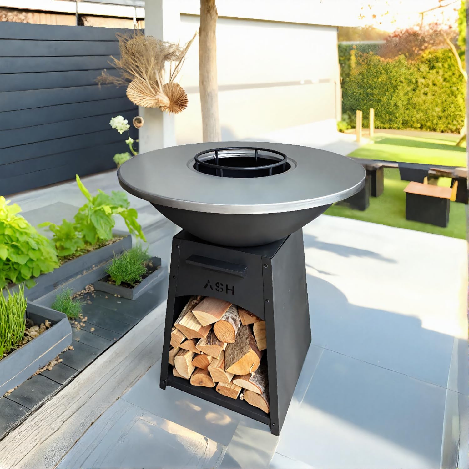 Plancha - BBQ - Grill - Brasero - Plaque de cuisson - Extérieur - Plancha - Anneau de barbecue - ASH NOVA Large - Cheminée de jardin - Barbecue - Rangement du bois - Aspect luxueux - Plaque de cuisson