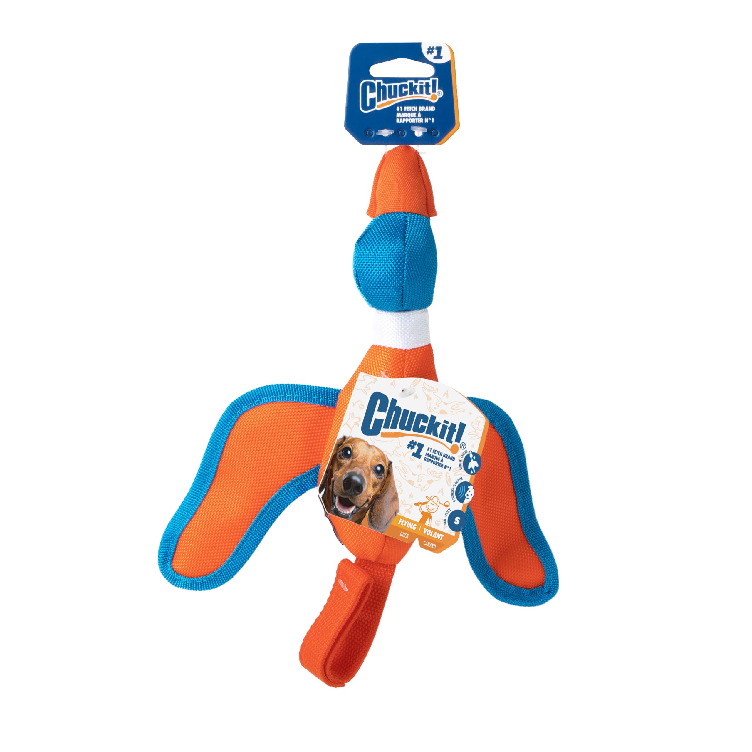 Flying Duck Fetch Slingshot Dog Toy, Orange & Blue – Crinkle Fabric Duck for Outdoor Fetc…