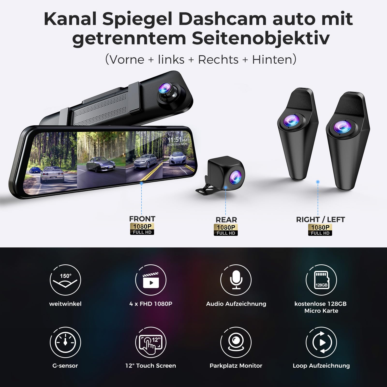 12'' 360° 4-Kanal Rückspiegel-Dashcam, 5,8 GHz WLAN inkl. 128 GB SD-Karte | eigenständige Kameras, WDR, Touchscreen-Rückspiegel und Rückfahrkamera, Parküberwachung, Rückfahrhilfe, G-Sensor sowie GPS