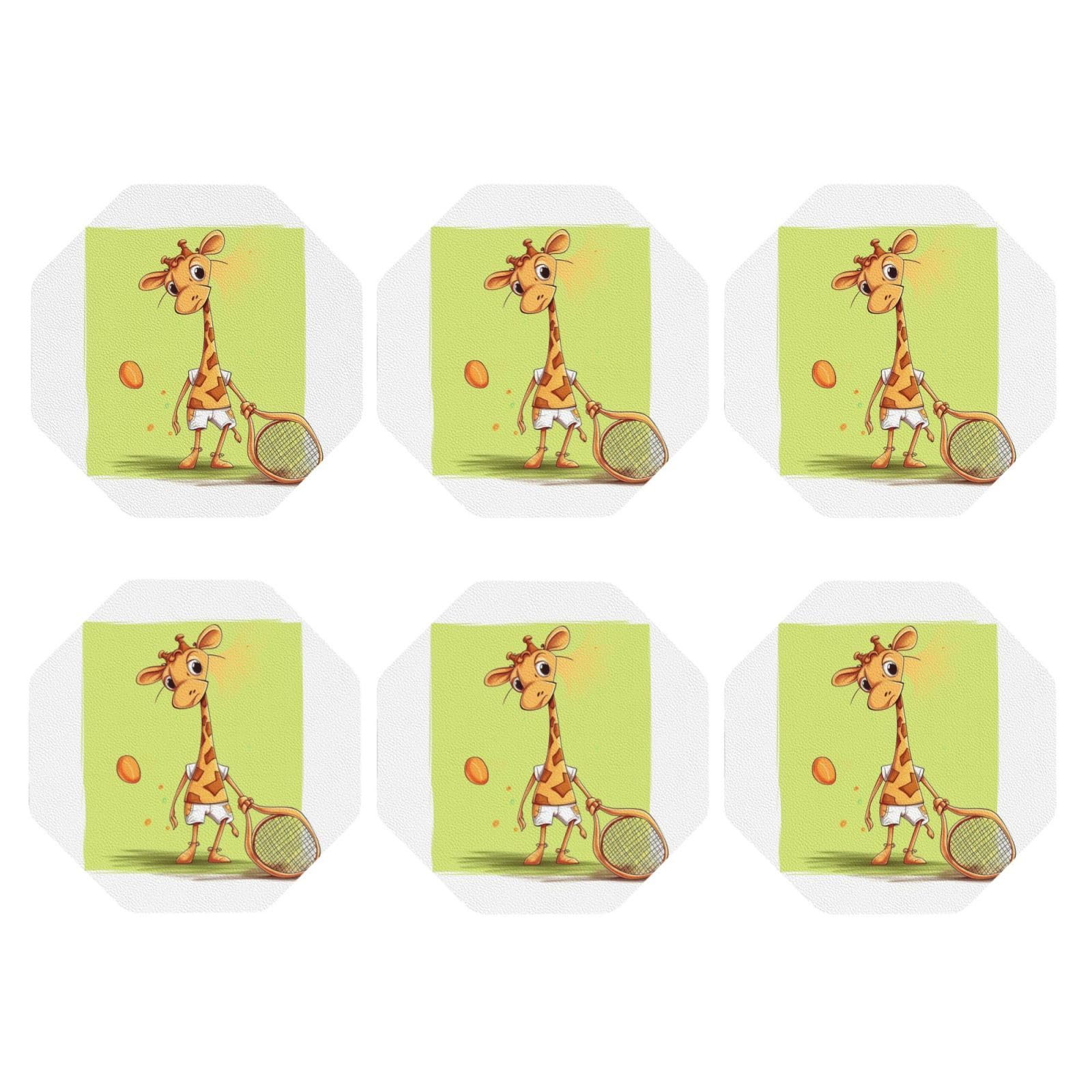 6pcs Leather Coasters for Drinks, Giraffe Playing Tennis Drink Coasters for Tabletop Protection, 4" Cup Coasters for Coffee Table Decor, Non-Slip Drinking Cup Mat for Hot Or Cold Drink