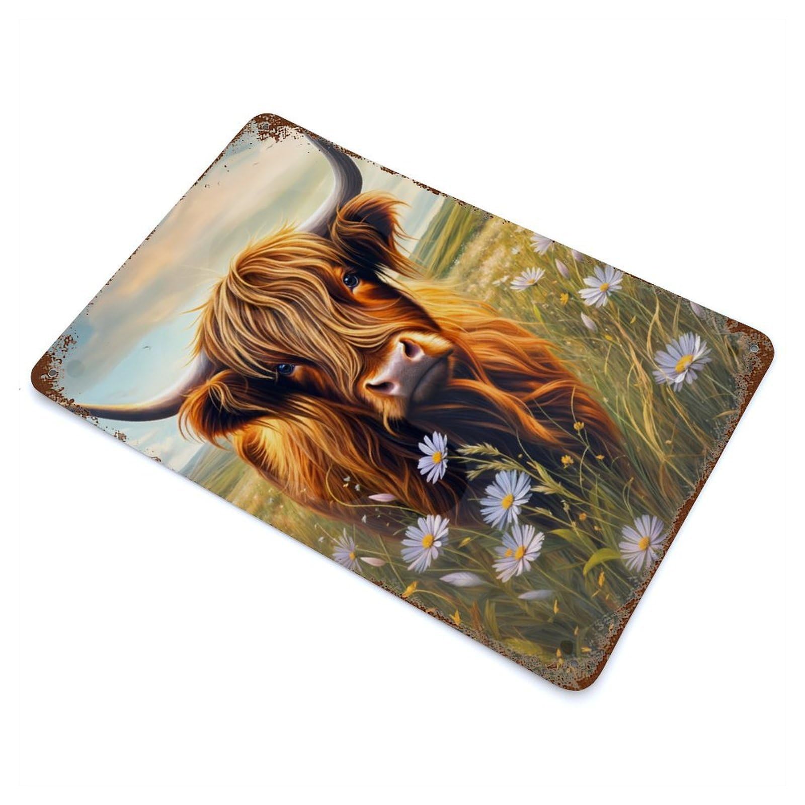 Garage Style Cute Highland Cow in Field Decorative Tin Sign 11.8"x7.9", Industrial Home Decor for Bar And Workshop