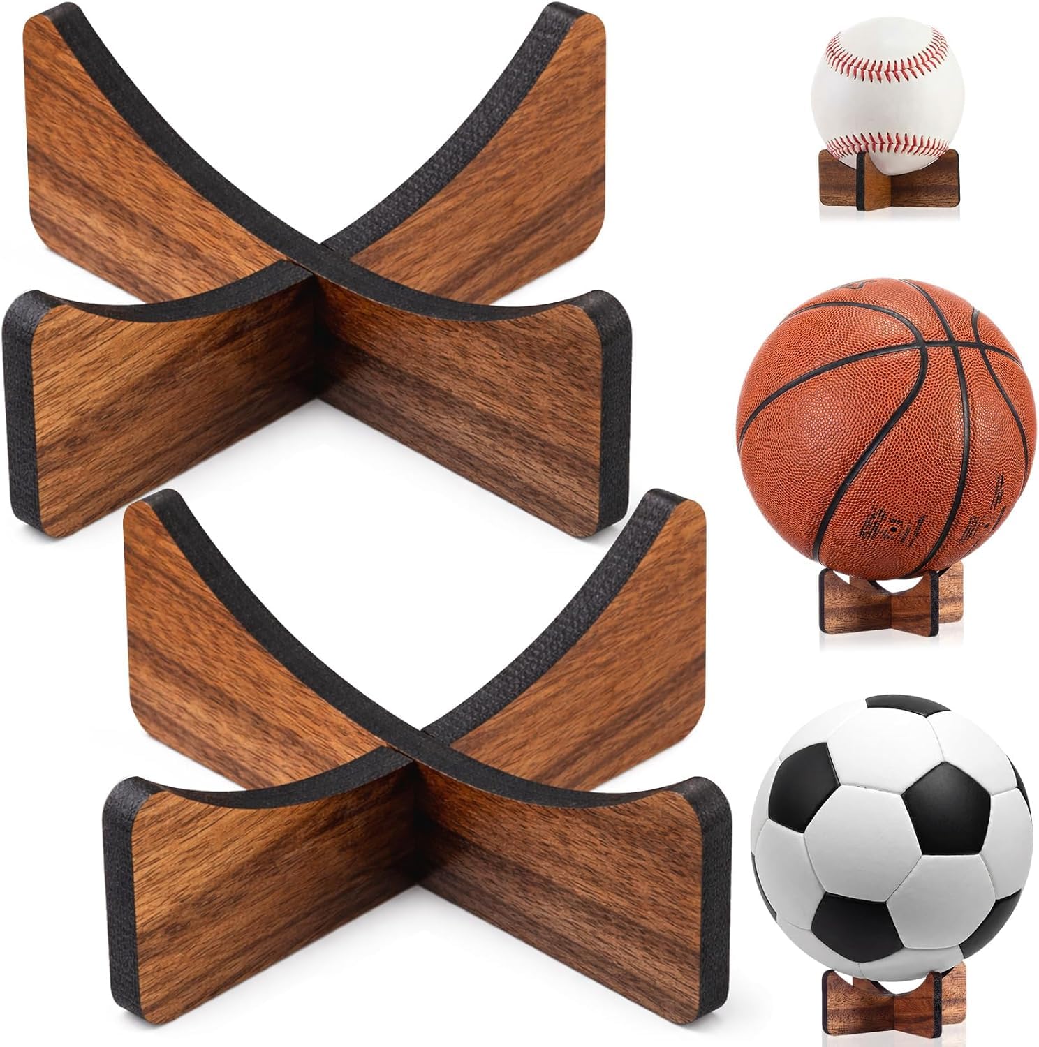 Walnut Wood Baseball Display Stand Set of 3 – Small Ball Holder Rack for Baseball Golf Ball Softball Tennis Ball and Sports Memorabilia | Wooden Sphere Display with Non Slip Rubber Pads-image-32