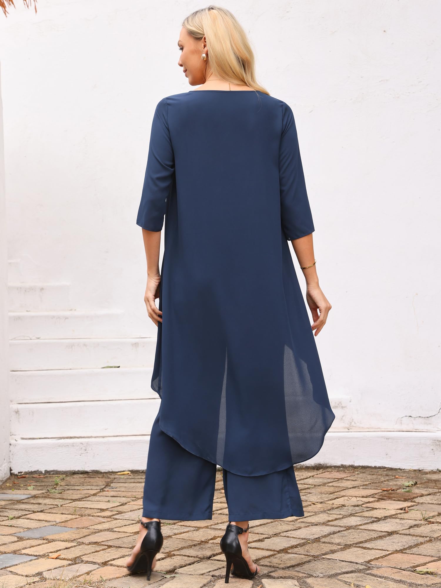 Seta T Set di 2 pezzi da donna in chiffon, estivi, con pantaloni alti e bassi, set formale per ospiti di nozze