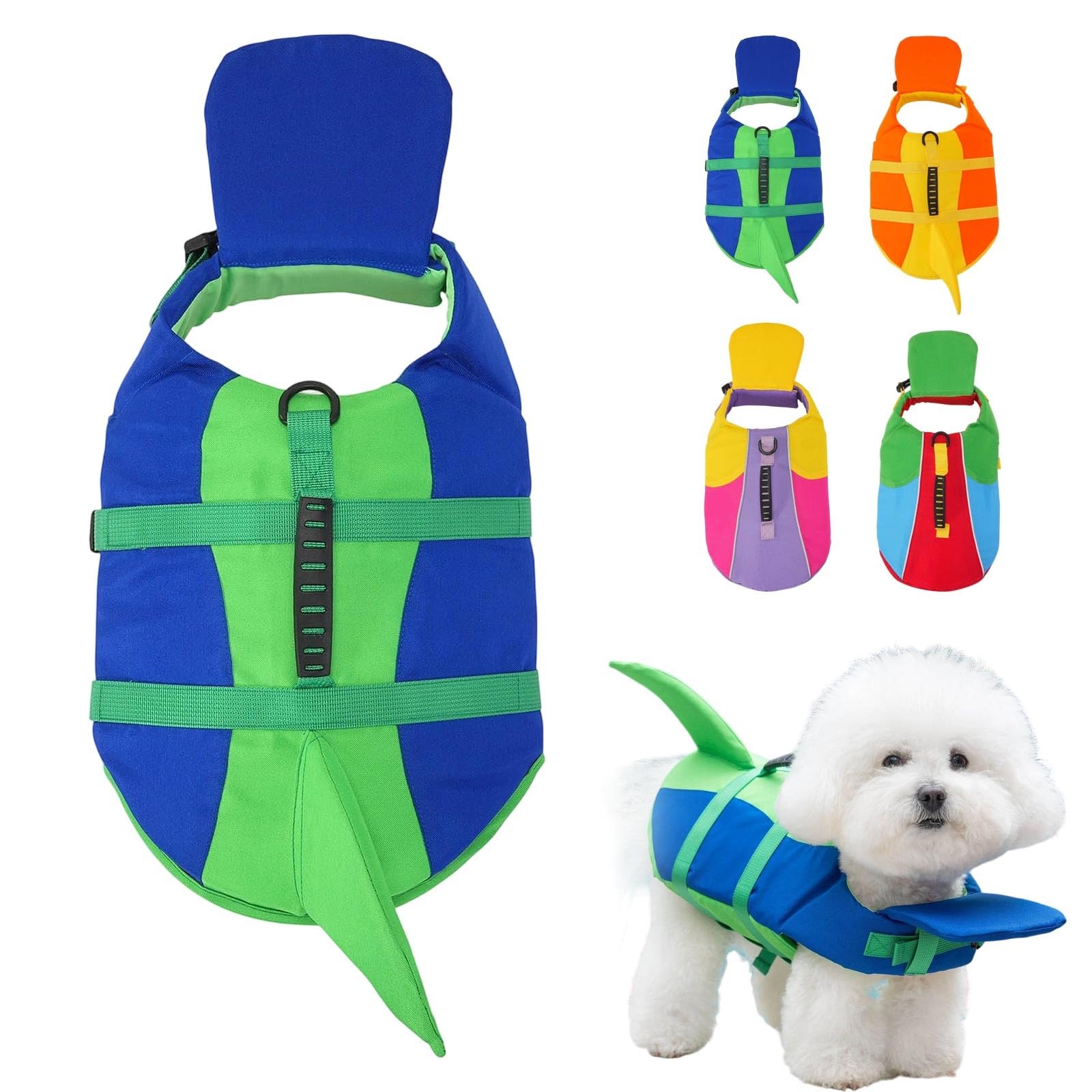 Dog Life Jacket Shark Fin Design, Adjustable Reflective Flotation Safety Vest with Rescue Grab Handle, High Buoyancy Costume Coat for Small Medium Large Dogs, Pool Sea Beach Boating Water Training