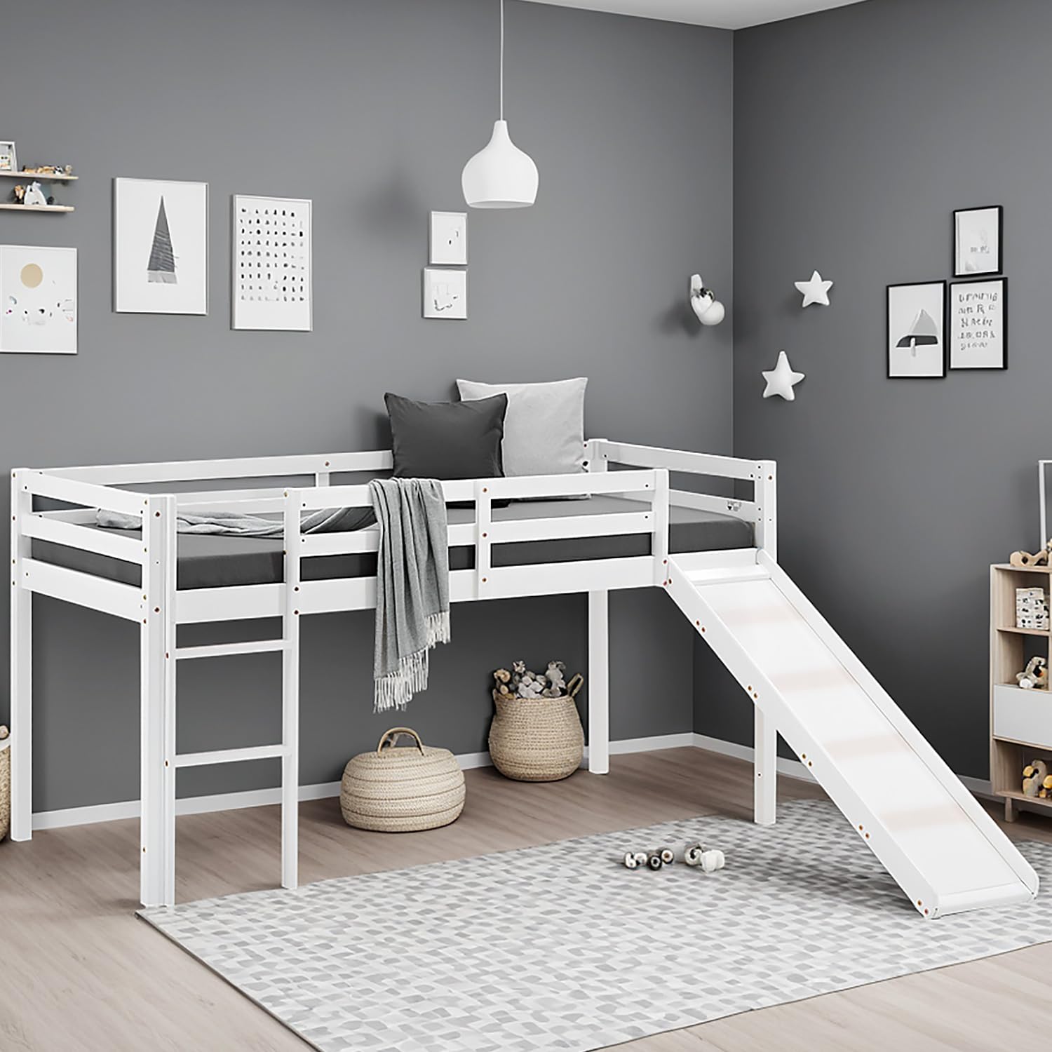 Homestyle4u Kinder-Hochbett mit Rutsche 90x200 cm Weiß Massivholz Bett | Stabiles Etagenbett aus Kiefer Massiv mit Leiter und Lattenrost - Ideal zum Spielen und Schlafen im Kinderzimmer