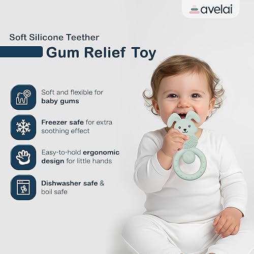 Miniatura 5 de Mordedor de conejo, juguetes de dentición para bebés de 3 a 12 meses, juguetes sensoriales de silicona para bebés, esenciales para bebés, seguros
