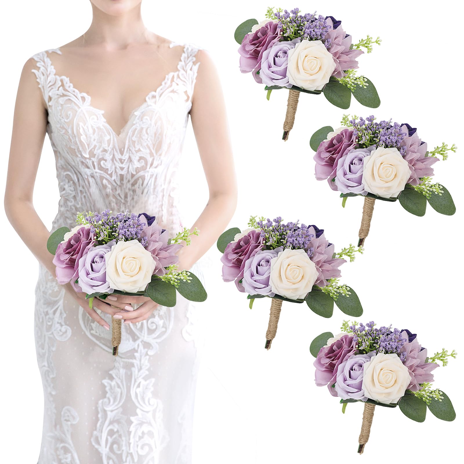 Artificial Bridesmaid Bouquets 4Pcs -7 Inch Bridesmaid Bouquets Fake Floral Silk Rose Handmade for Wedding Holding Flowers, Bridal Shower,Engagement Wedding Ceremony Anniversary - Lilac