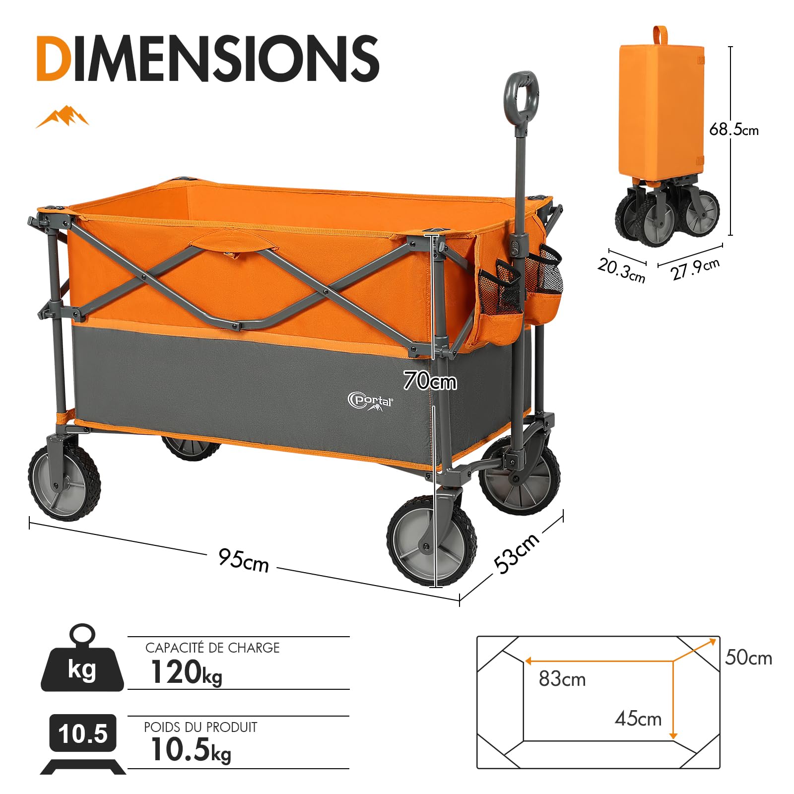 PORTAL Chariot de Jardin Pliable Plus Grande capacité pour Festival, Plage, Camping, Chariot avec roulettes, remorque de Pique-Nique Robuste Orange