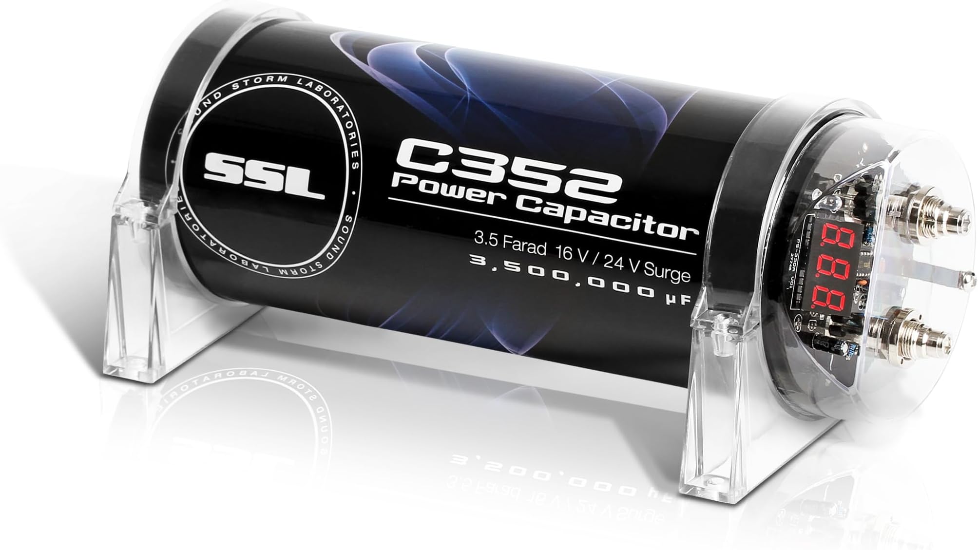 C352 Car Audio Capacitor – 3.5 Farad, Energy Storage, Enhance Bass from Stereo, for Amplifier and Subwoofer, Warning Tones, LED Voltage Meter
