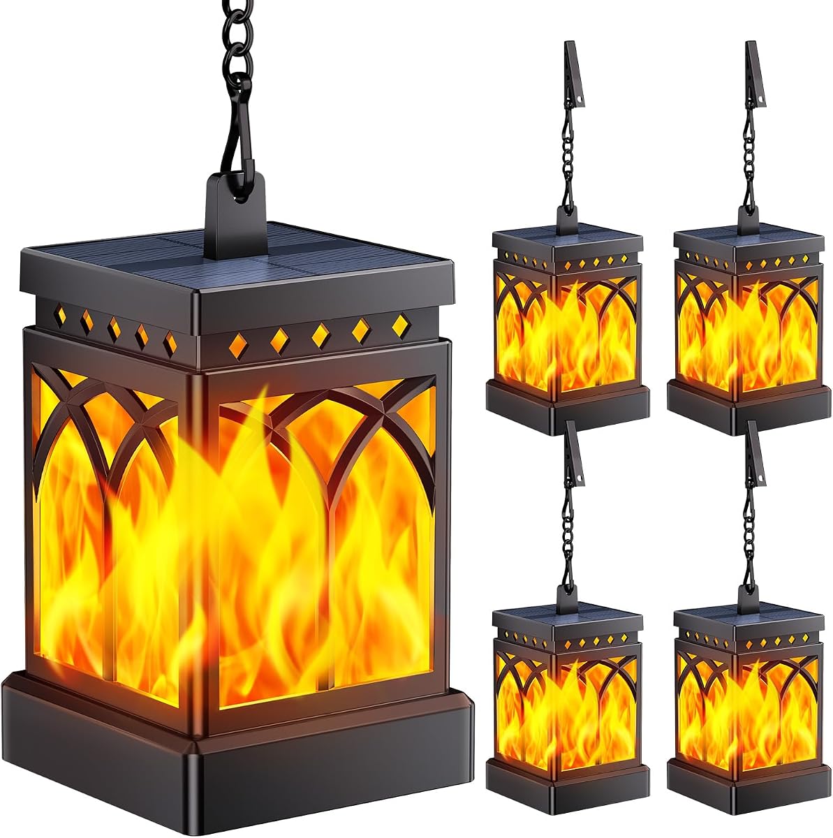 KOOPER 4 Pack Solar Lanterns Outdoor, Flickering Flame Halloween Decor | Flame Modes + Constant Modes Hanging Solar Lantern Lights, Waterproof Lanterns Decorative Outdoor for Garden Table Yard Tree