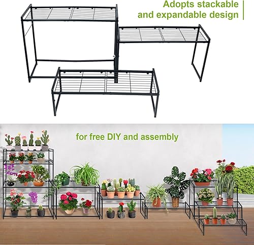 Miniatura 5 de Soporte de metal para plantas de 3 niveles para interiores y exteriores, soporte para macetas de flores, soporte para plantas, apilable, resistente,