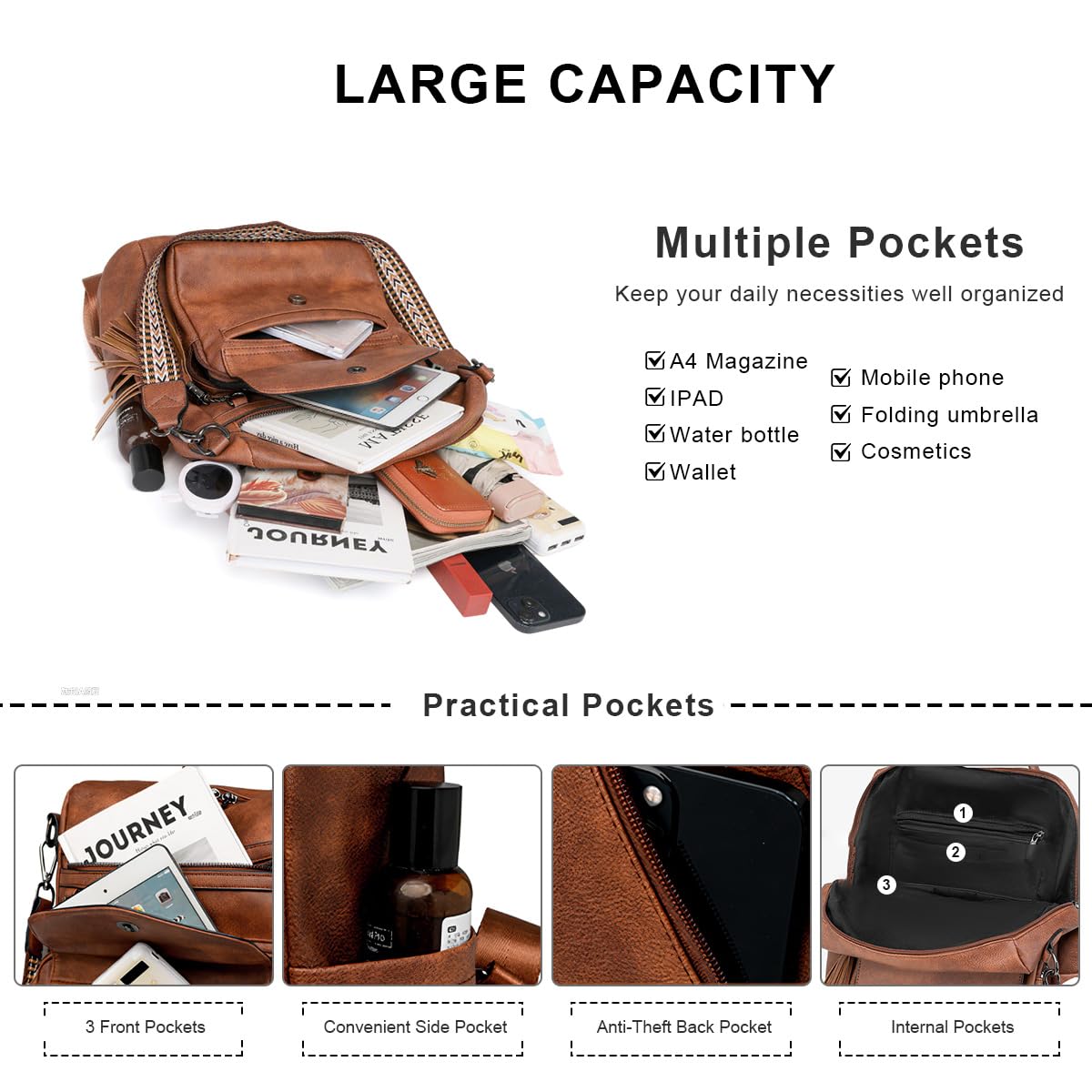 SONARIN PU Bolso Mochila Mujer,Impermeable Moda Mochila Damas con Monedero Mochilas Casual Bolso de Mano,Bolsa de Hombro Convertible para Viaje Escolar Trabajo(Blanco + Marrón)