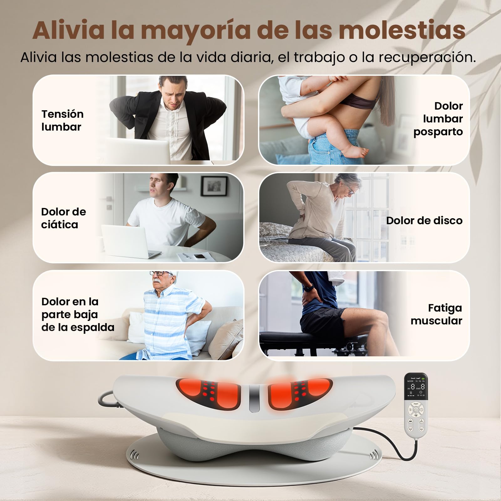Dispositivo de Tracción Lumbar, Masajeador Inteligente para Lumbar, Alivio del Dolor de Espalda y Ciática, Estiramiento de Columna con Balanceo y Altura Ajustable, Relajación
