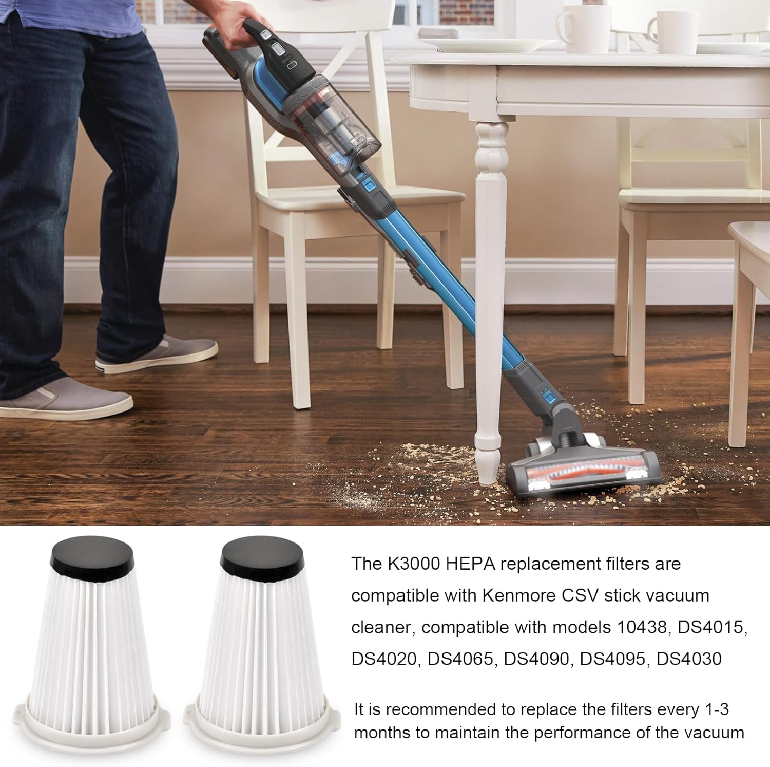 K3000 HEPA Filter Replacement Vacuum Filter Compatible with Kenmore CSV Cordless Stick Vacuum Models 10438, DS4015, DS4020, DS4065, DS4090, DS4095, DS4030, 4Pack