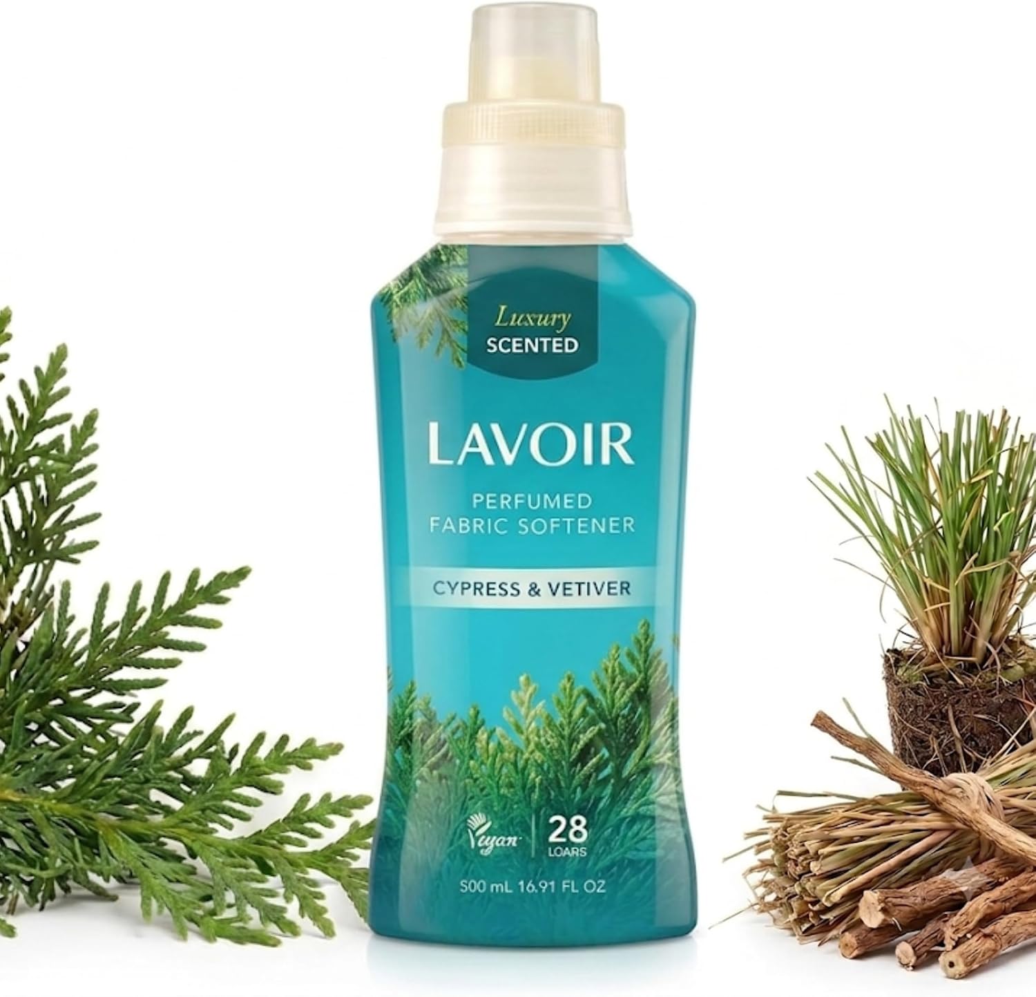 LAVOIR Perfumed Vegan Fabric Softener | Luxury Scent, Long-Lasting Freshness, Premium Fabric Conditioner, Softens Fabrics, Plant-Based Concentrated 28 Loads | 16.9 Fl Oz (Cypress & V)
