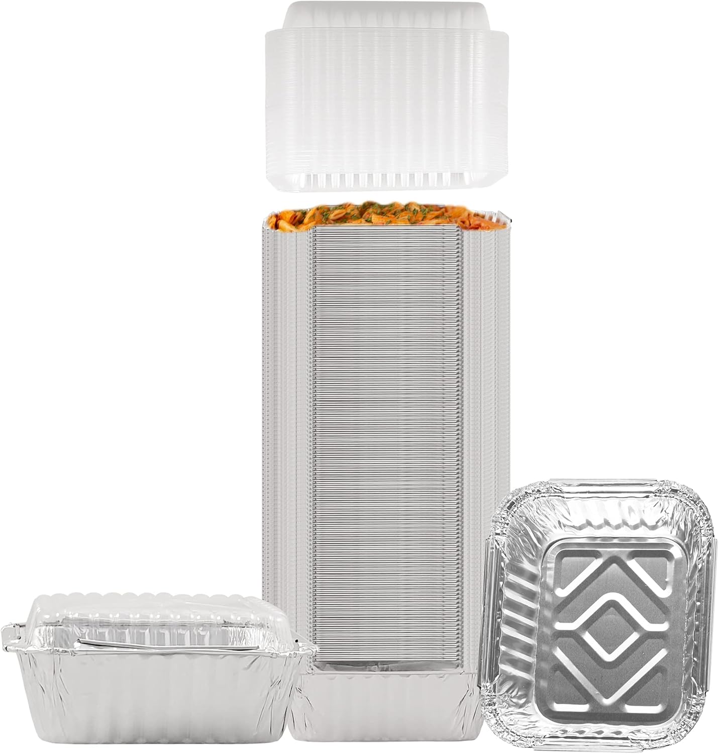 PARTY BARGAINS 1 lb Small Aluminum Pans with Plastic Dome Lids, 200 Pack Disposable Foil Take-Out Containers, 5.5 x 4.5 Inch Meal Prep Baking Pans for Pies, Cakes, Meats, Oven Safe up to 240°C