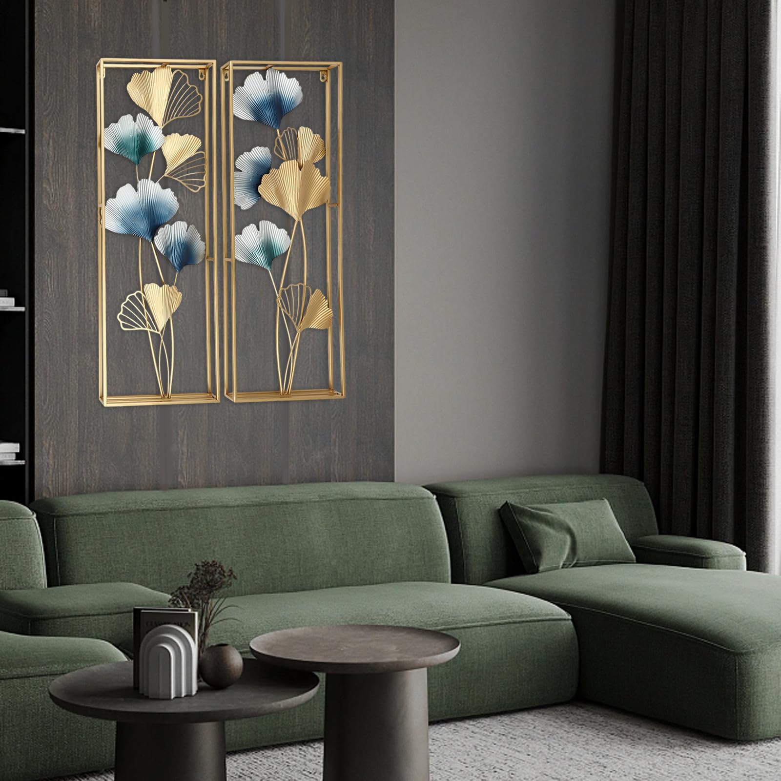Hanmorfarbi Juego de decoración de pared de hoja de ginkgo 3D de 2,31 x 85 cm, decoración de pared moderna, metal, cuadro de metal, decoración de salón, escultura de pared, decoración de pared para