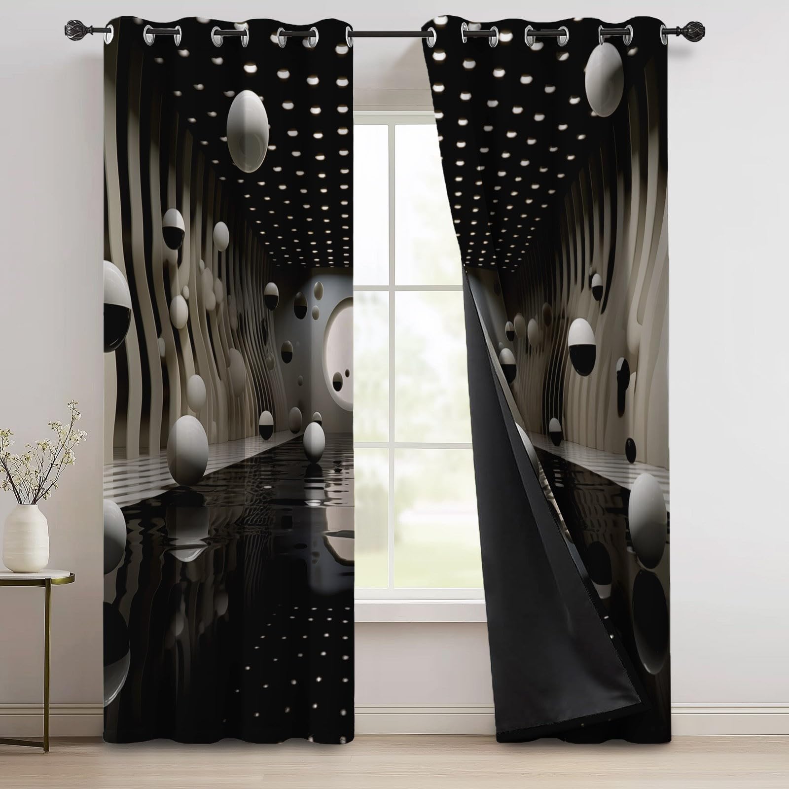 Rideaux Longs 140L X 260H cm (2 Panneaux), Géométrique Abstrait Moderne Imprimé, Tissu Occultant Épais pour Grand Salon et Loft, Noir Blanc