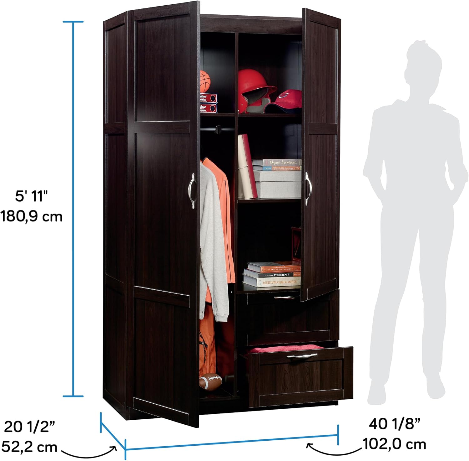 Diagram showing the dimensions of the Sauder storage cabinet: 5'11" (180.9 cm) height, 20 1/2" (52.2 cm) depth, and 40 1/8" (102.0 cm) width.