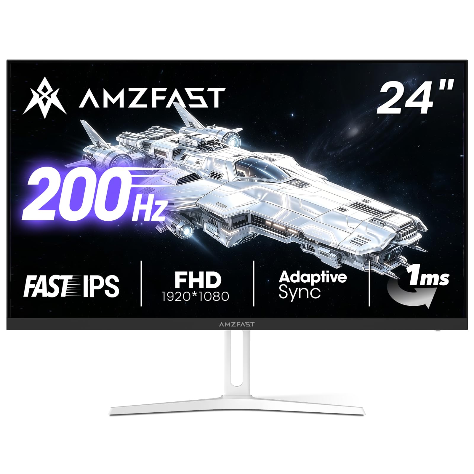 Amzfast 24-inch Gaming Monitor, 1920x1080 Full HD, 200Hz, Fast IPS, 1ms MPRT, Adaptive Sync, HDR, 110% sRGB, Ai Crosshair, Ultra-Thin, HDMI 2.0 & DP 1.4, VESA 75x75mm, AMZG24X1W